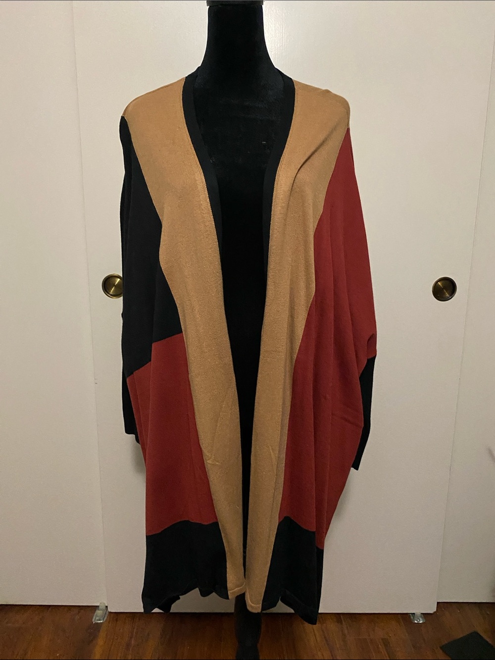 Chico’s Colorblock Open Front Long Cardigan Jacket - Black, Rust & Camel